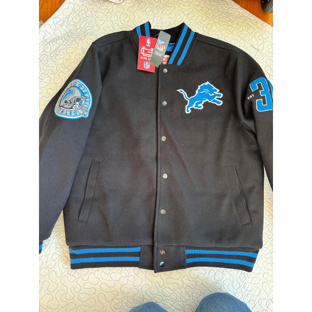NFL Ultra Game Detroit Lions Varsity Jacket  Men's‎ Bomber Coat Size Large